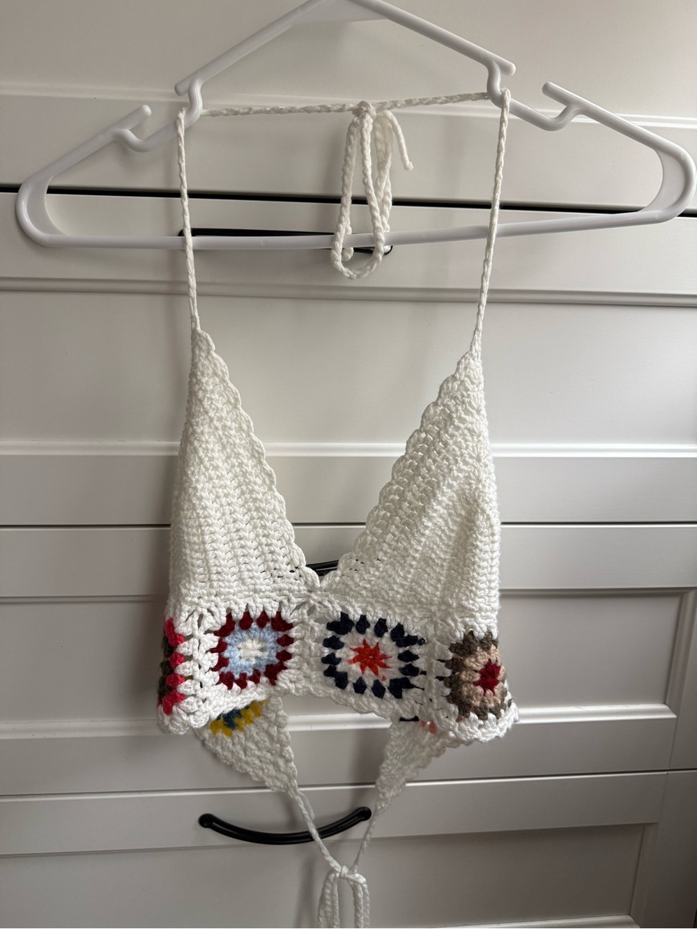 Soft Cider White Crochet Halter Top with Colorful Accents